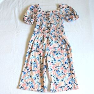 BCBG girls floral smocked puff sleeve cropped wide leg jumpsuit size 4